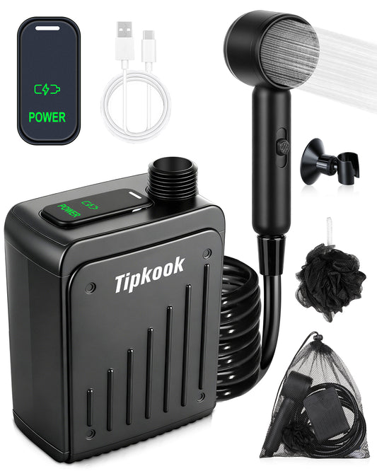 Portable Shower for Camping, Tipkook Rechargeable Camping Shower with 4 Spray Modes,3 Adjustable Speeds,LED Display,IPX8 Waterproof Dog Showers Kit for Bathing Pets,Travel