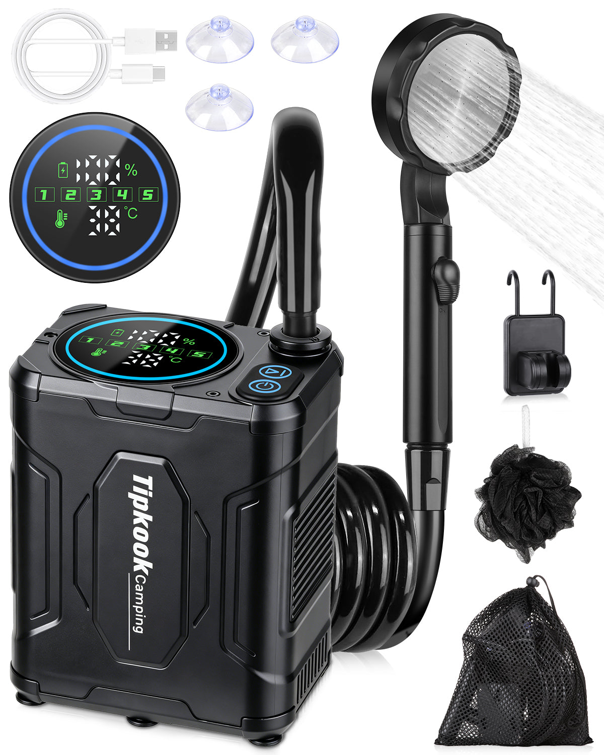 13000mAh Portable Shower for Camping, Long Lasting, High Pressure | Rechargeable Camping Shower with 5 Speeds, LED Display, IPX8 Waterproof, Outdoor Showers Kit for Pet Bath Travel, Hiking