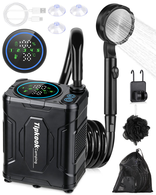 13000mAh Portable Shower for Camping, Long Lasting, High Pressure | Rechargeable Camping Shower with 5 Speeds, LED Display, IPX8 Waterproof, Outdoor Showers Kit for Pet Bath Travel, Hiking