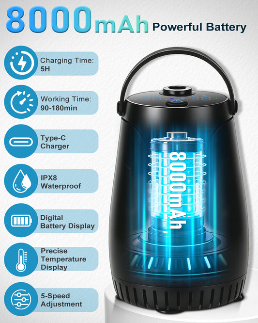 Portable Shower, [Type-C/8000mAh] Camping Shower, IPX8, Rechargeable, Night Light Mode, 5 Adjustable Speeds, USB, Smart Display, for Camping, Outdoor, Travel, Pets, Gift