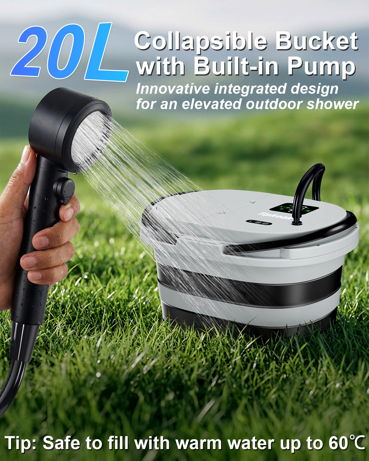 Integrated Portable Shower with 20L Bucket, [2 in1] 13000mAh Rechargeable Camp Shower with 2 Modes, 5 Adjustable Speeds, LED Display, IPX8 Waterproof Tipkook Outdoor Shower Kit for Pet Washing, Hiking