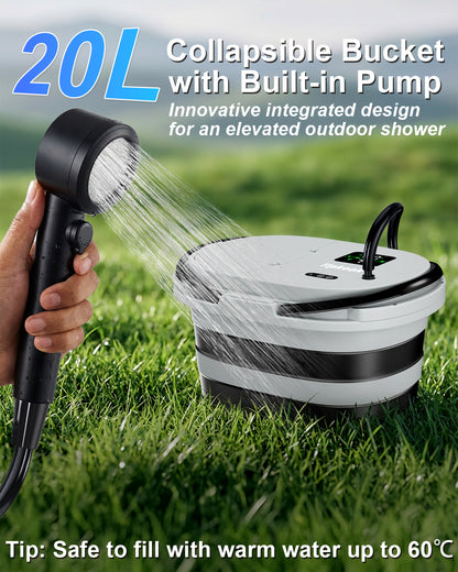 Integrated Portable Shower with 20L Bucket, [2 in1] 13000mAh Rechargeable Camp Shower with 2 Modes, 5 Adjustable Speeds, LED Display, IPX8 Waterproof Tipkook Outdoor Shower Kit for Pet Washing, Hiking