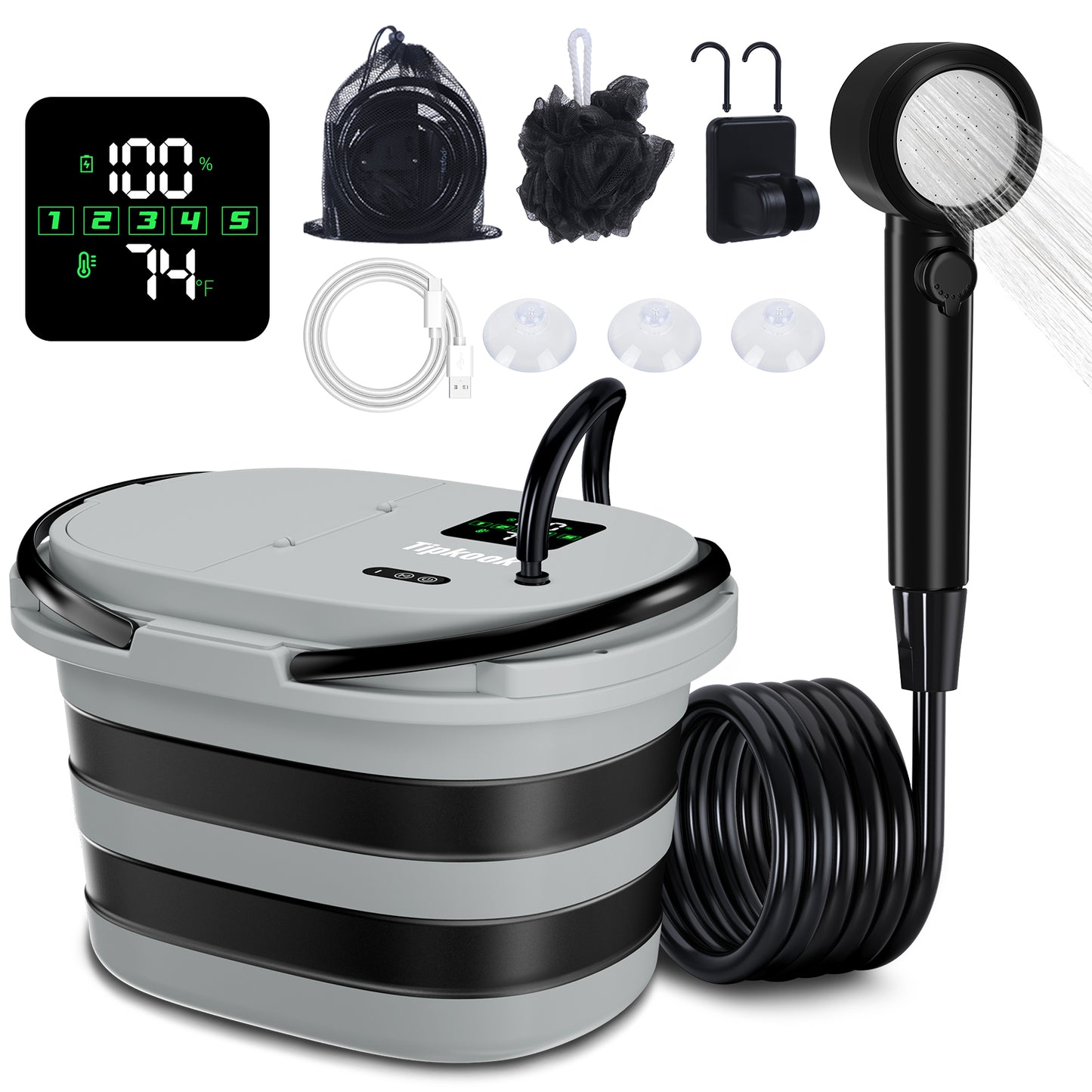 Integrated Portable Shower with 20L Bucket, [2 in1] 13000mAh Rechargeable Camp Shower with 2 Modes, 5 Adjustable Speeds, LED Display, IPX8 Waterproof Tipkook Outdoor Shower Kit for Pet Washing, Hiking
