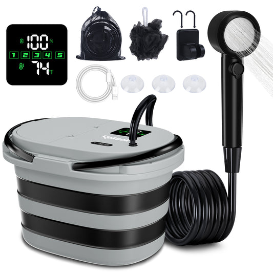 Integrated Portable Shower with 20L Bucket, [2 in1] 13000mAh Rechargeable Camp Shower with 2 Modes, 5 Adjustable Speeds, LED Display, IPX8 Waterproof Tipkook Outdoor Shower Kit for Pet Washing, Hiking