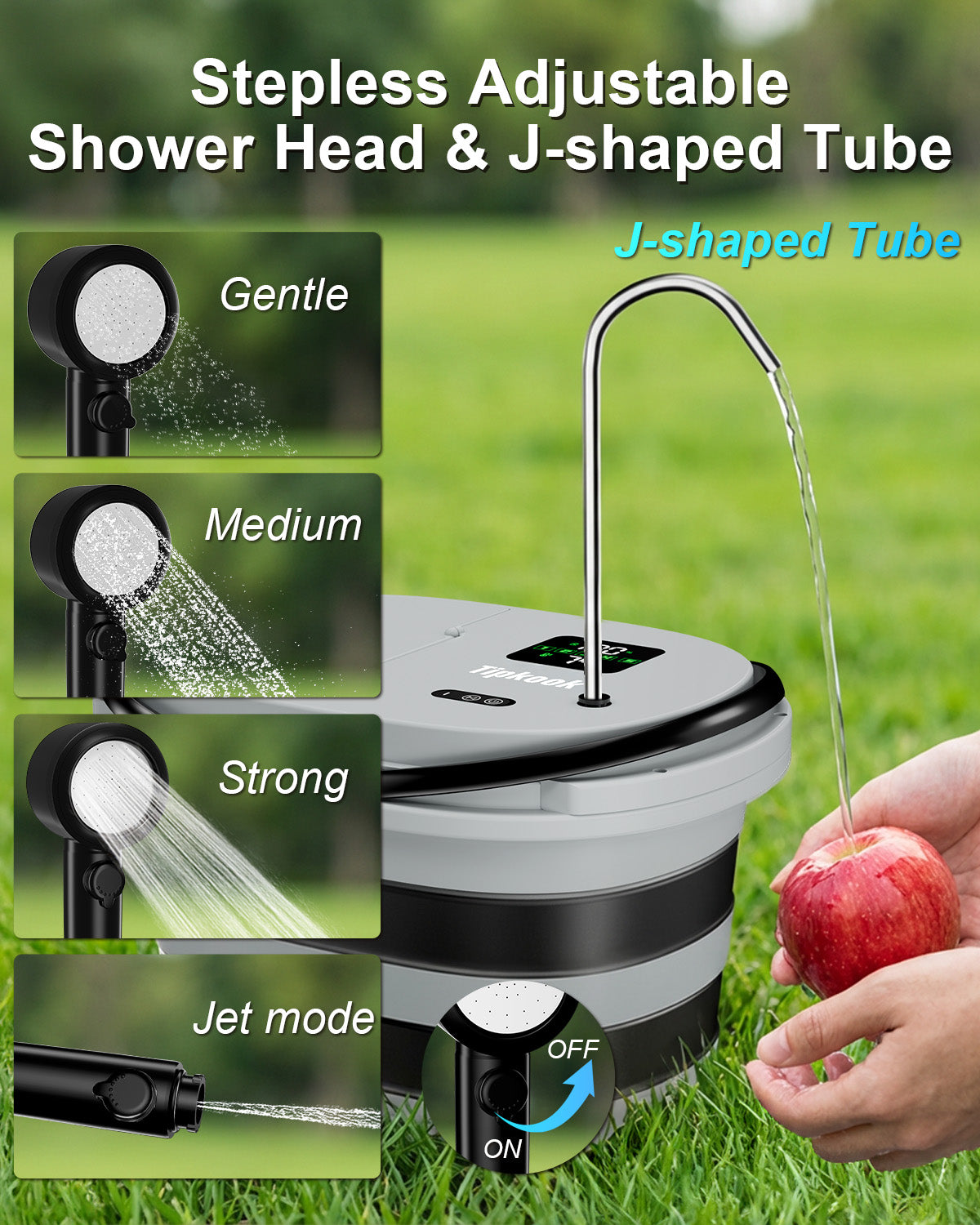 Integrated Portable Shower with 20L Bucket, [2 in1] 13000mAh Rechargeable Camp Shower with 2 Modes, 5 Adjustable Speeds, LED Display, IPX8 Waterproof Tipkook Outdoor Shower Kit for Pet Washing, Hiking