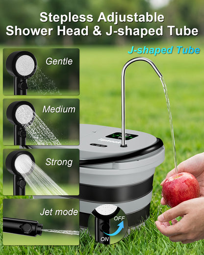 Integrated Portable Shower with 20L Bucket, [2 in1] 13000mAh Rechargeable Camp Shower with 2 Modes, 5 Adjustable Speeds, LED Display, IPX8 Waterproof Tipkook Outdoor Shower Kit for Pet Washing, Hiking