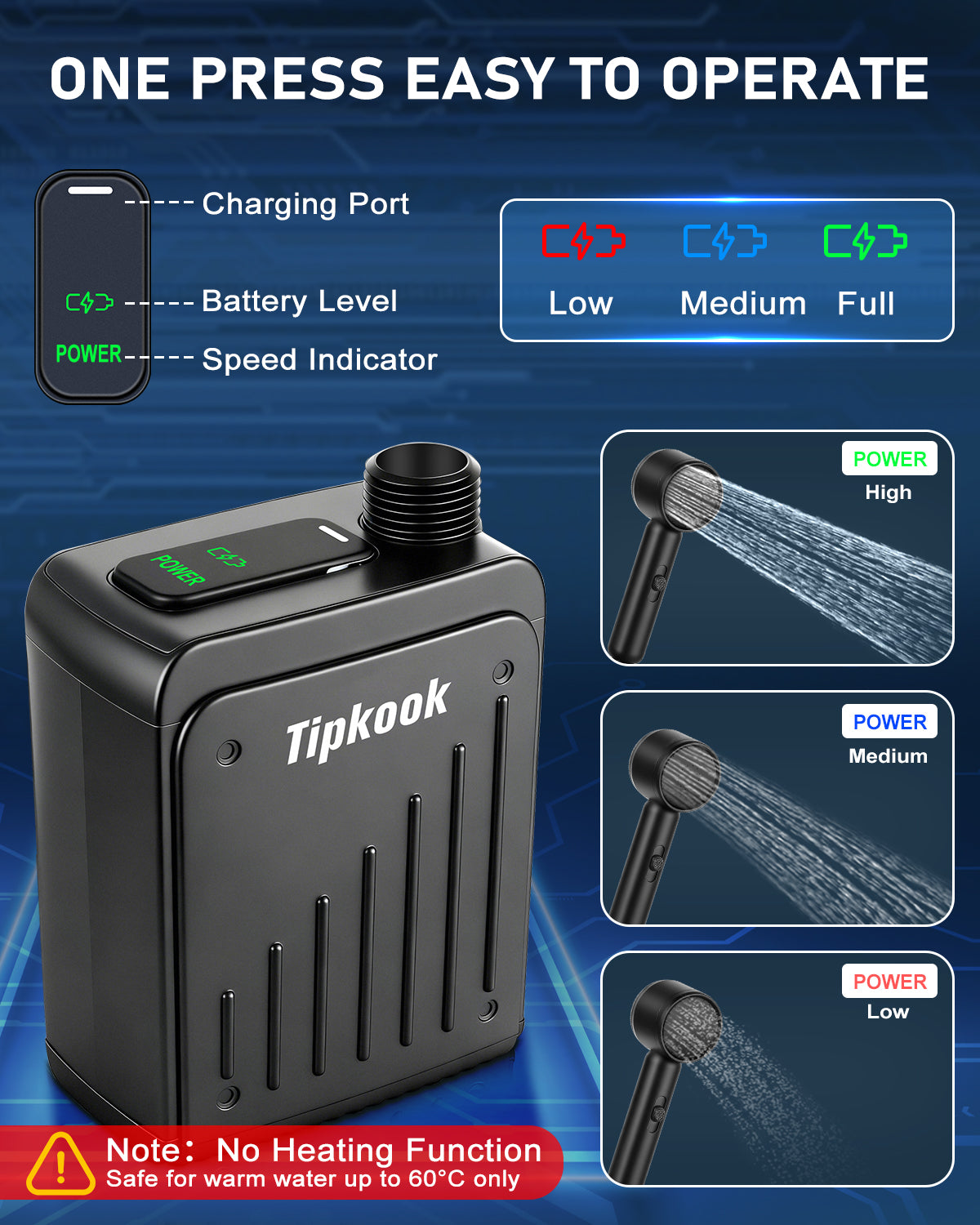 Portable Shower for Camping, Tipkook Rechargeable Camping Shower with 4 Spray Modes,3 Adjustable Speeds,LED Display,IPX8 Waterproof Dog Showers Kit for Bathing Pets,Travel