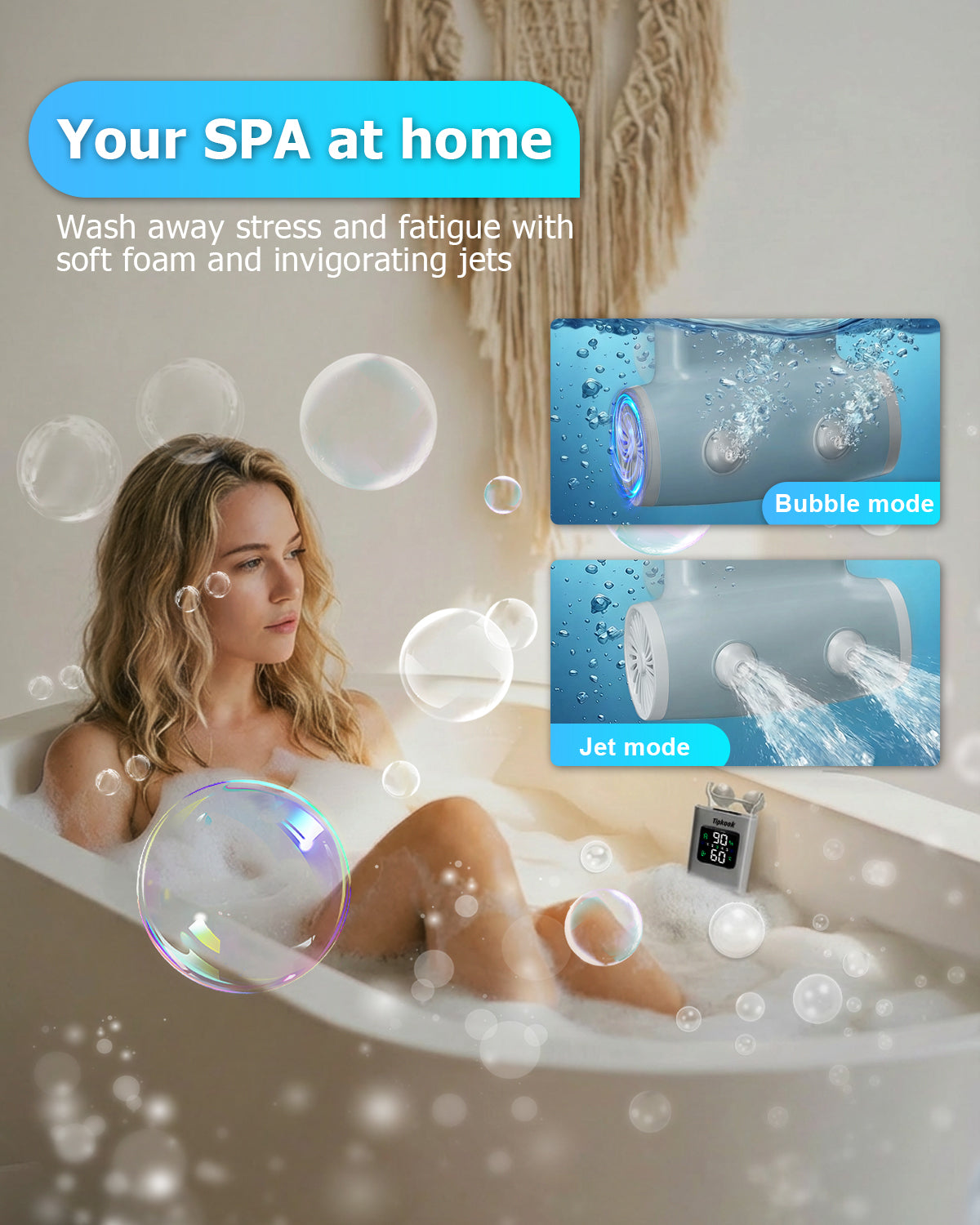 Rechargeable Bath Jet for Tub with LED Display, [2026 Newest] Portable Jet Spa for Bathtub with 5 Speeds, 3 Bubble Modes, IPX8 Waterproof, Dual Hydro Jets for Tub Relax at Home