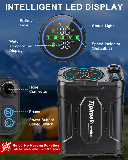 13000mAh Portable Shower for Camping, Long Lasting, High Pressure | Rechargeable Camping Shower with 5 Speeds, LED Display, IPX8 Waterproof, Outdoor Showers Kit for Pet Bath Travel, Hiking