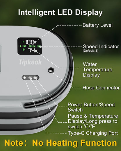 Integrated Portable Shower with 20L Bucket, [2 in1] 13000mAh Rechargeable Camp Shower with 2 Modes, 5 Adjustable Speeds, LED Display, IPX8 Waterproof Tipkook Outdoor Shower Kit for Pet Washing, Hiking