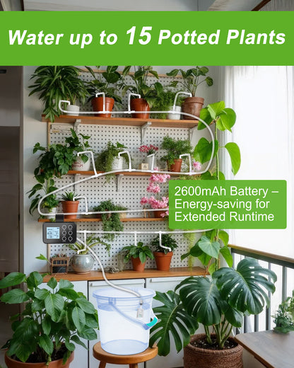 Plant Automatic Watering System for Indoor,Programmable Drip Irrigation System with LED Display,Watering Timer,Drip Irrigation Set with Transparent Silicone Tubing up to15 Pots Plants
