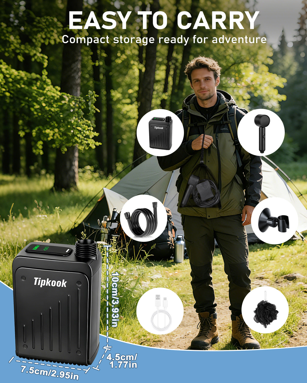 Portable Shower for Camping, Tipkook Rechargeable Camping Shower with 4 Spray Modes,3 Adjustable Speeds,LED Display,IPX8 Waterproof Dog Showers Kit for Bathing Pets,Travel