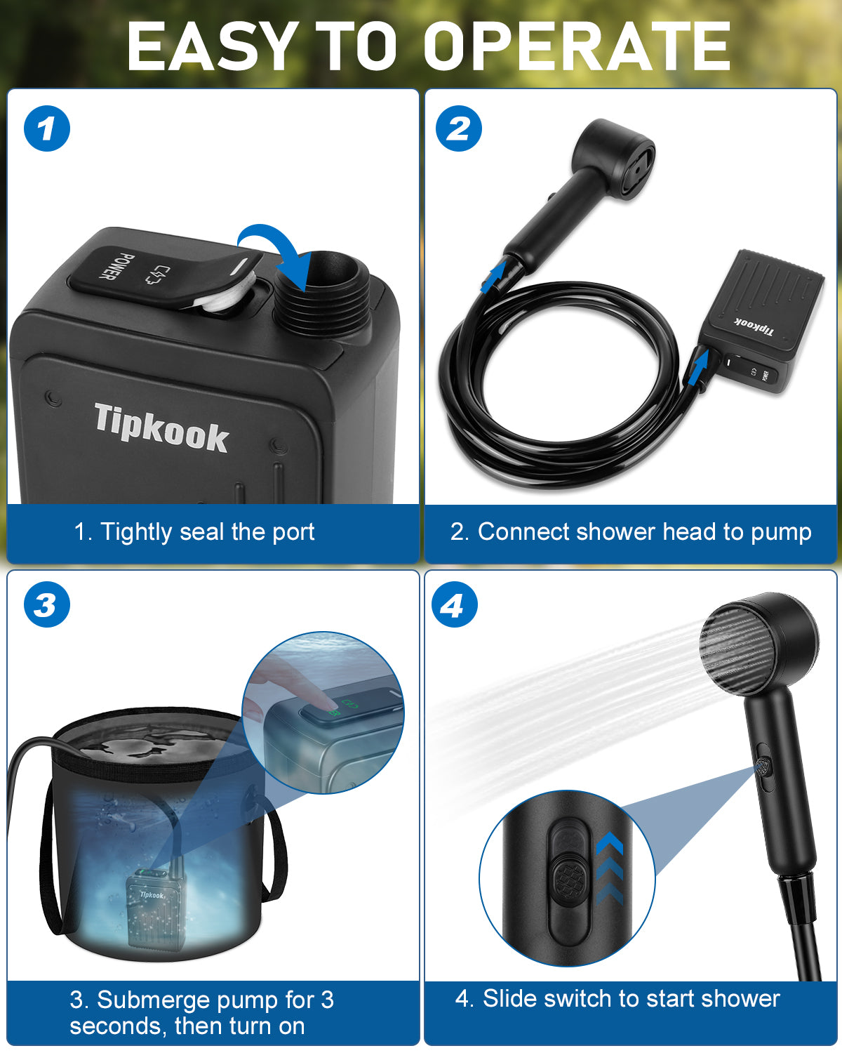 Portable Shower for Camping, Tipkook Rechargeable Camping Shower with 4 Spray Modes,3 Adjustable Speeds,LED Display,IPX8 Waterproof Dog Showers Kit for Bathing Pets,Travel