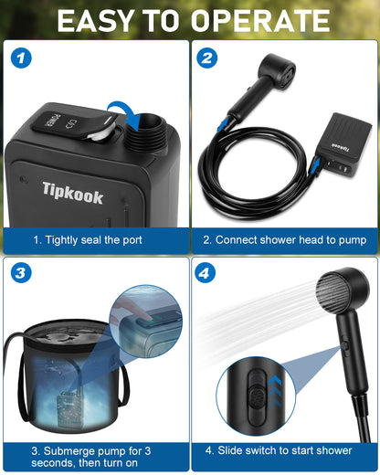 Portable Shower for Camping, Tipkook Rechargeable Camping Shower with 4 Spray Modes,3 Adjustable Speeds,LED Display,IPX8 Waterproof Dog Showers Kit for Bathing Pets,Travel