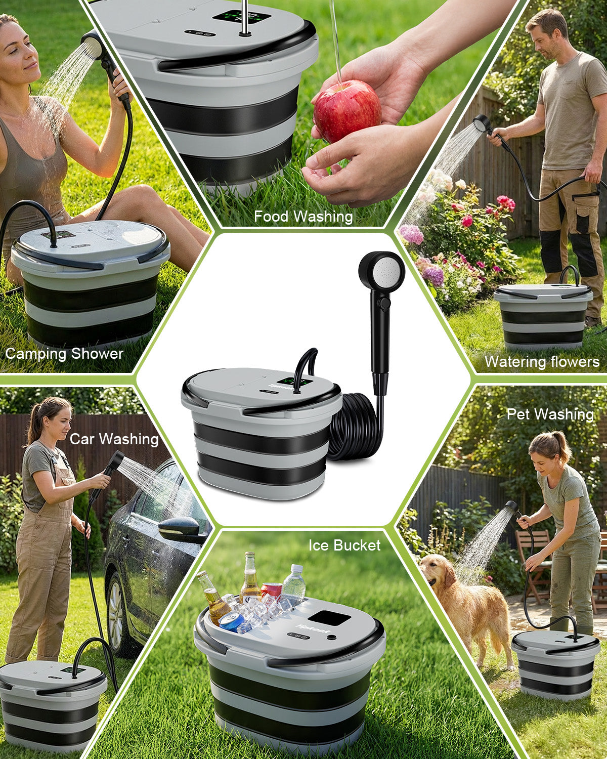 Integrated Portable Shower with 20L Bucket, [2 in1] 13000mAh Rechargeable Camp Shower with 2 Modes, 5 Adjustable Speeds, LED Display, IPX8 Waterproof Tipkook Outdoor Shower Kit for Pet Washing, Hiking